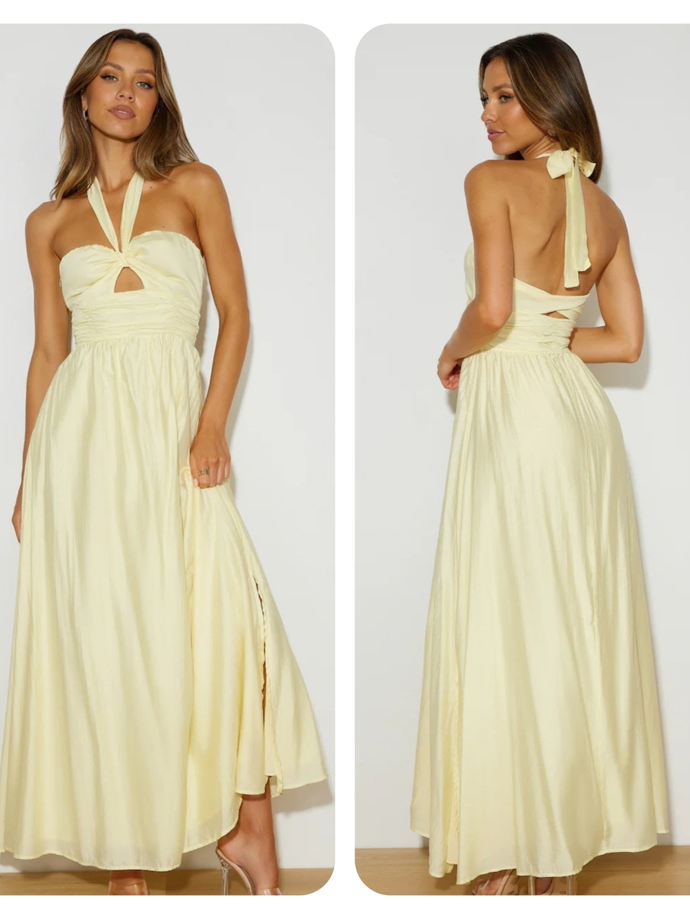 Hello Molly Pale Yellow Cinched Sweetheart Halter Cutout Maxi Dress XL